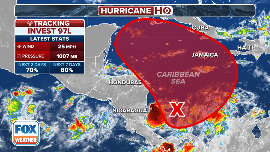 The outlook for an area in the southwestern Caribbean Sea.
(FOX Weather)