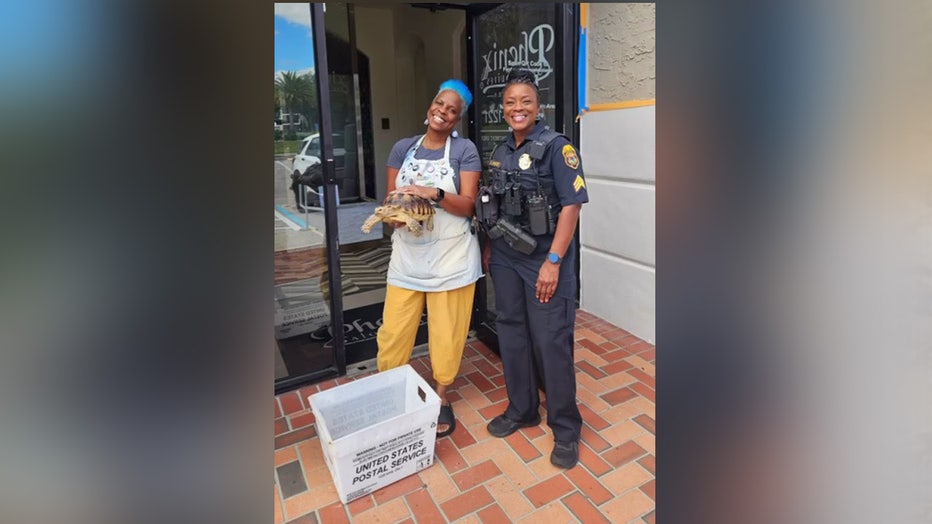 The sergeant was able to reunite the tortoise named T Pain with its owner. Image is courtesy of the Clearwater Police Department.