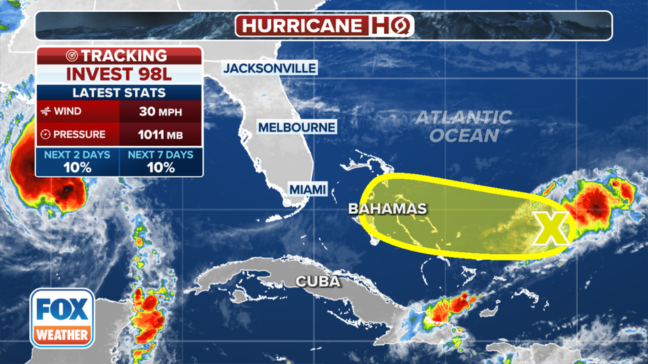 Invest 98L in the southwestern Atlantic Ocean.
(FOX Weather)