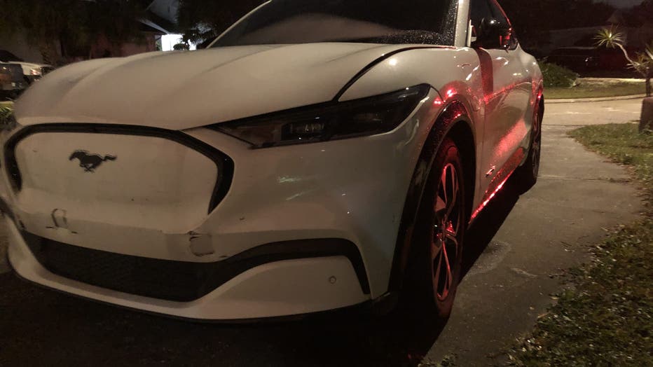 The front end of White Mustang that crashed into Winter Haven Police Deputy.