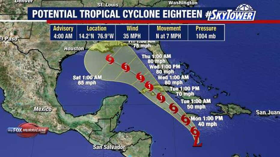 Potential Tropical Cyclone 18 is expected to move through the Gulf as Rafael and eventually redevelop from a hurricane back into a tropical storm.