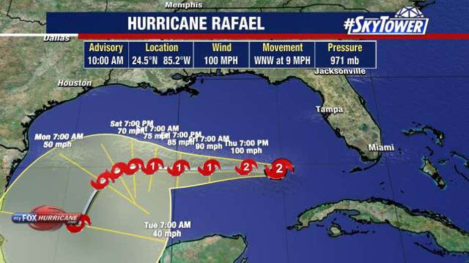 Hurricane Rafael is expected to move west over the Gulf of Mexico, with a ridge of high pressure keeping the storm away from Florida, according to the National Hurricane Center.