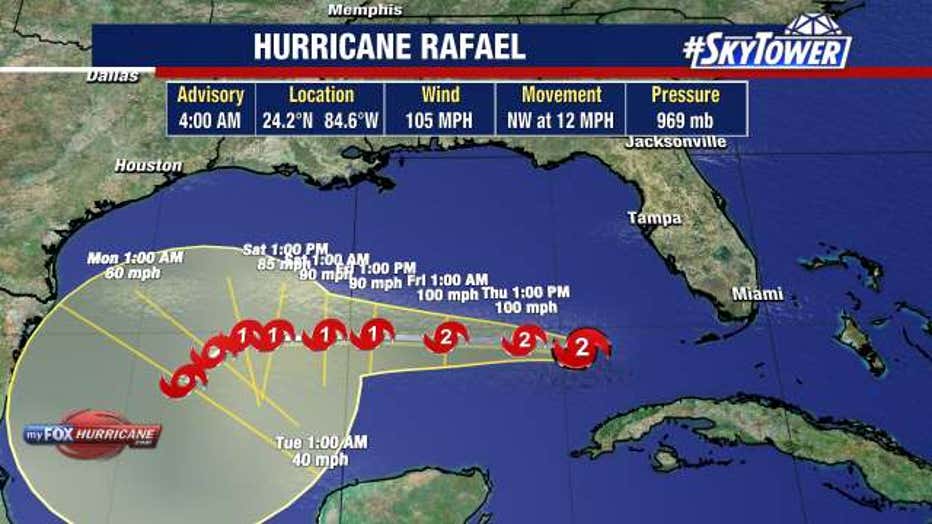 Hurricane Rafael is expected to move west over the Gulf of Mexico, with a ridge of high pressure keeping the storm away from Florida, according to the National Hurricane Center.