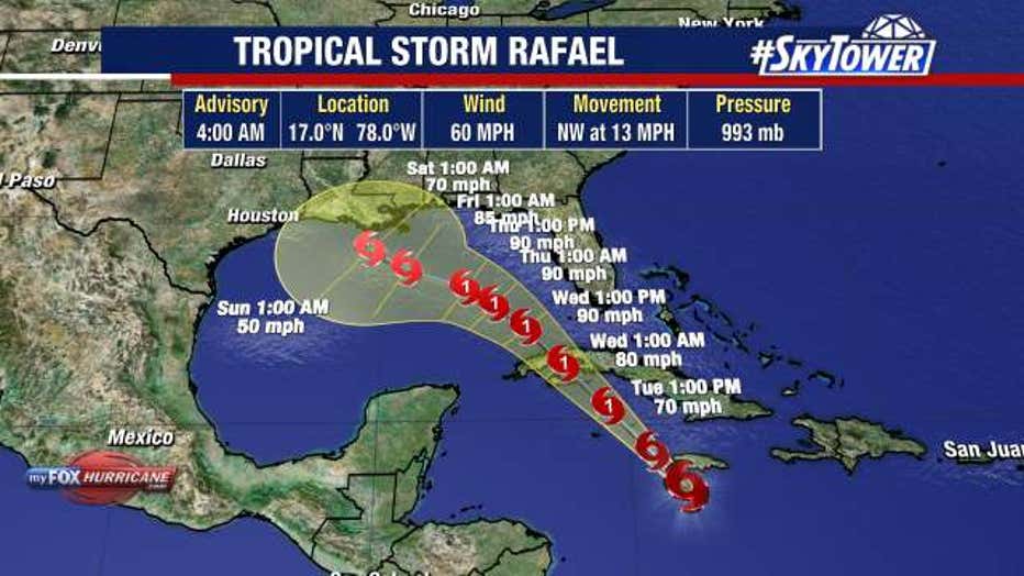 Tropical Storm Rafael is expected to strengthen into a hurricane in the coming days and then weaken over the northern Gulf of Mexico.