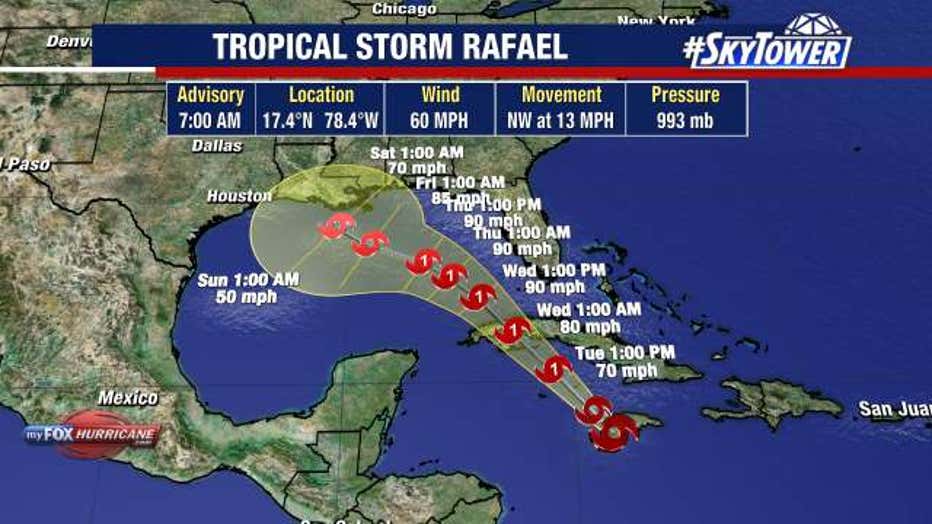 Tropical Storm Rafael is expected to strengthen into a hurricane, then weaken over the northern Gulf of Mexico in the coming days.