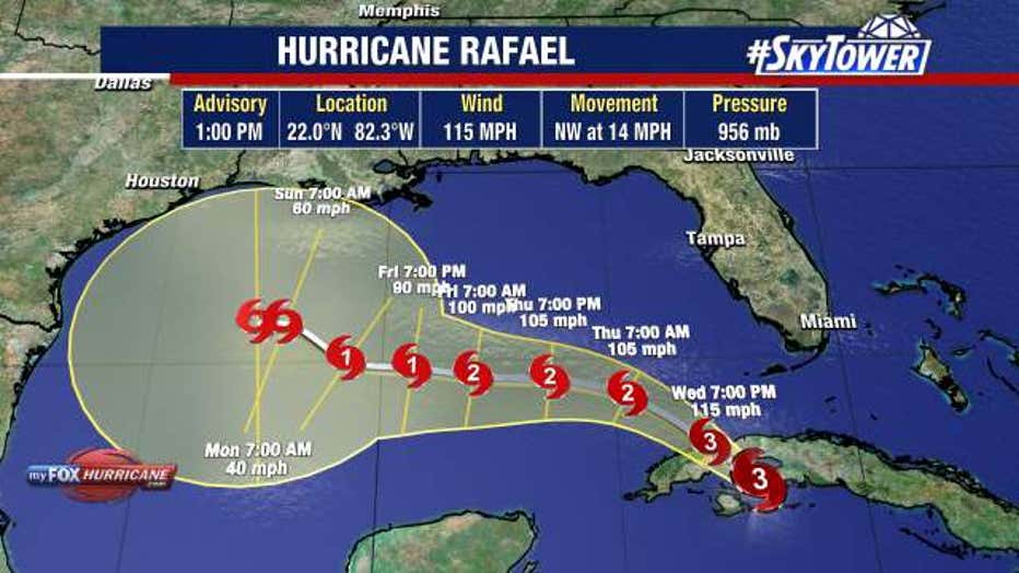 The National Hurricane Center says Hurricane Rafael will hit Cuba on Wednesday before moving into the Gulf of Mexico.