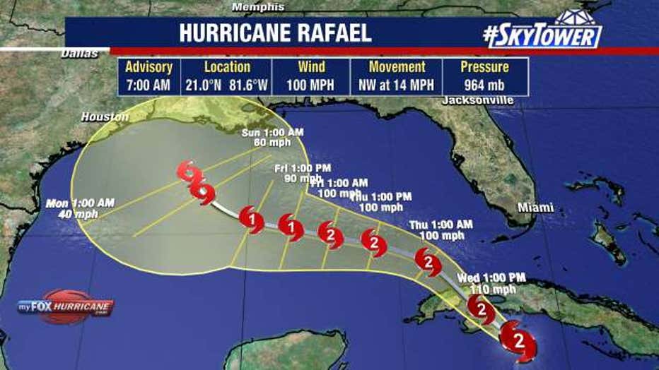 The National Hurricane Center says Hurricane Rafael will hit Cuba on Wednesday before moving into the Gulf of Mexico.