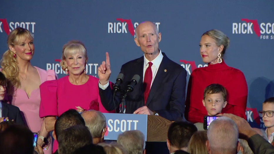 Sen. Rick Scott addresses supporters after winning his bid for reelection on Tuesday, Nov. 5, 2024.