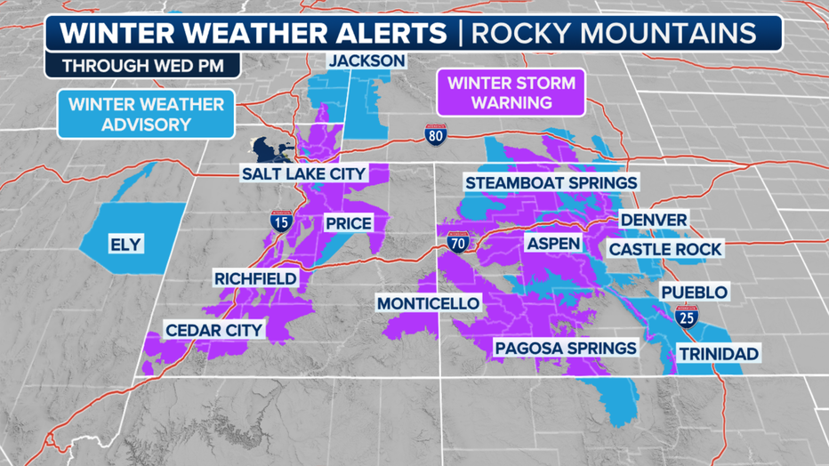 This graphic shows the winter weather alerts in effect in the West. (FOX Weather)