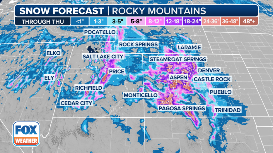 This graphic shows the forecast snow totals in the West. (FOX Weather)