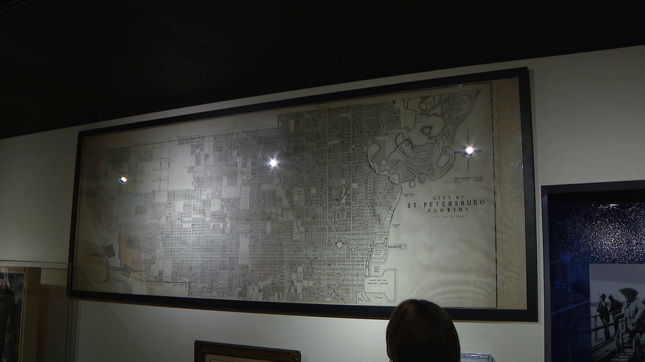 In the museum’s downstairs area, the largest map in the collection is framed. It’s one piece of a three-piece giant map.