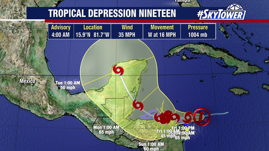 The system expected to become Sara could make landfall twice, which would weaken the storm before moving into the Gulf if the forecast holds true.