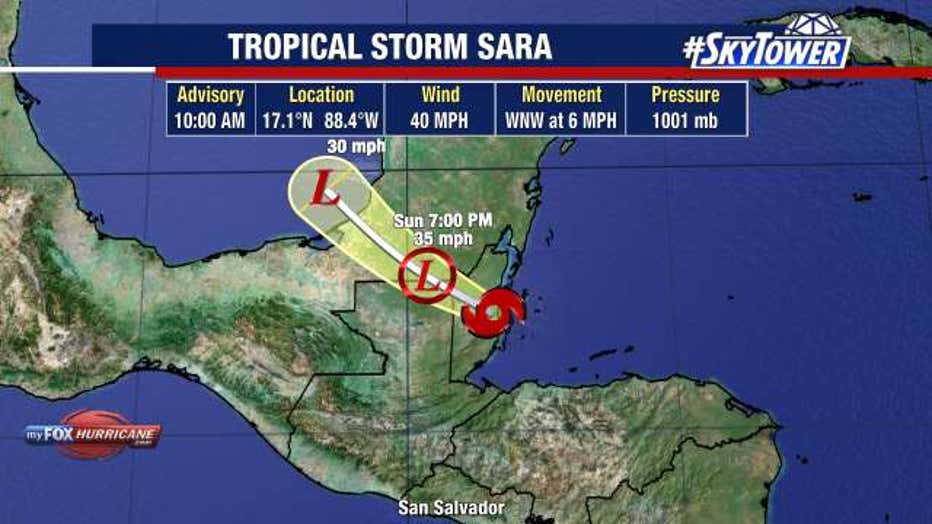 Tropical Storm Sara producing heavy rainfall, weakening as it enters