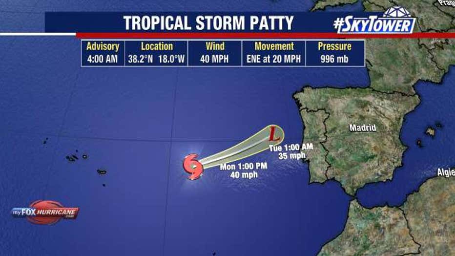 Tropical Storm Patty is moving east-northeast across the Atlantic and is expected to bring heavy rain to parts of Portugal and western Spain in the coming days.