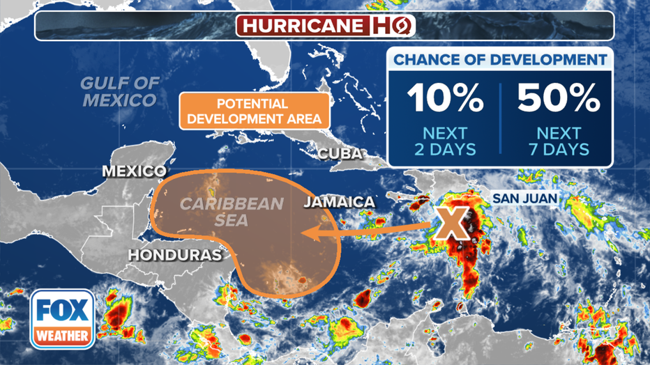 This graphic shows the development chances for a tropical disturbance in the Caribbean Sea. (FOX Weather)