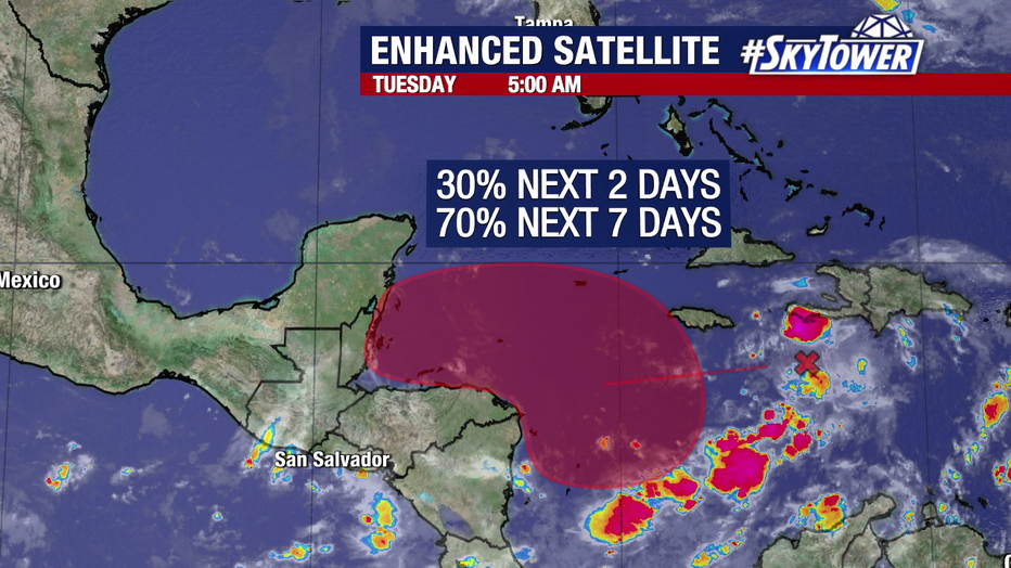 The National Hurricane Center gives a disturbance in the Caribbean Sea a 70 percent chance of developing in the next seven days.