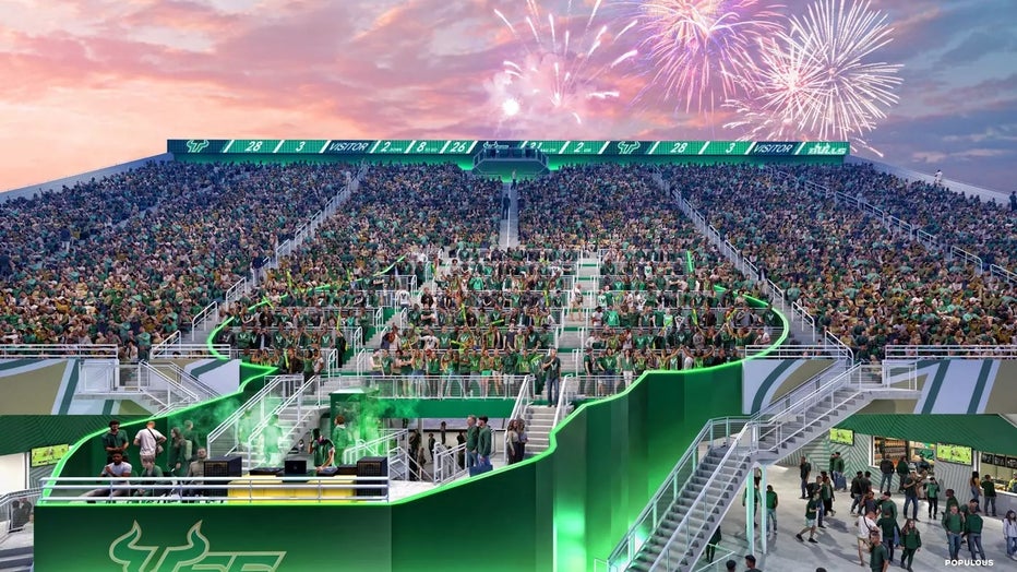 Nighttime renderings of the student section of USF's new stadium.