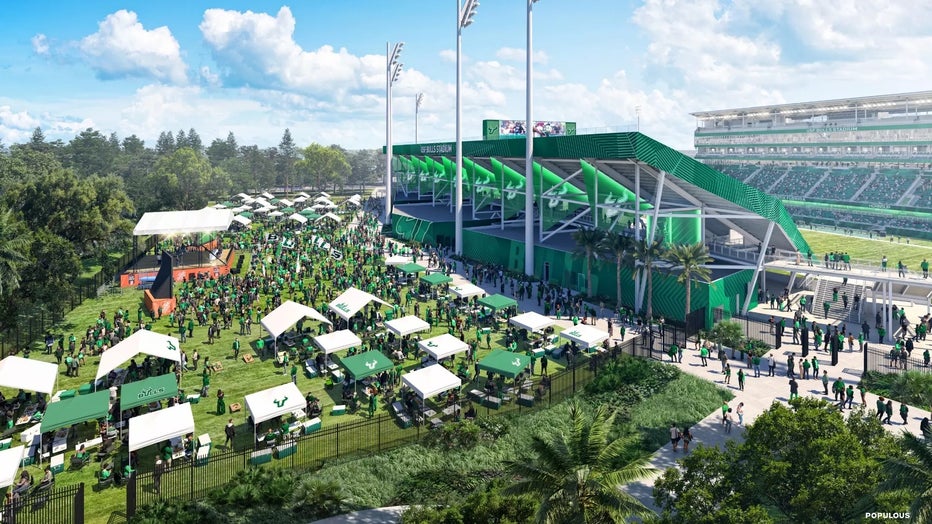 Renderings of the north lawn of the new USF stadium with fan amenities.