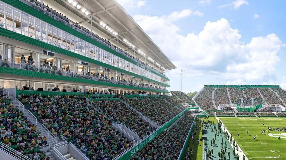 Home stand renderings of USF's new stadium with premium student seating and a rooftop patio.