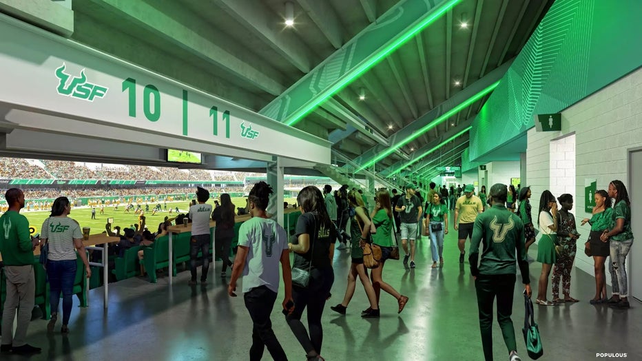 Concourse renderings of USF's new stadium featuring amenities like concessions.