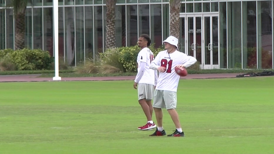 Scotty Miller throws a football during Buccaneers practice