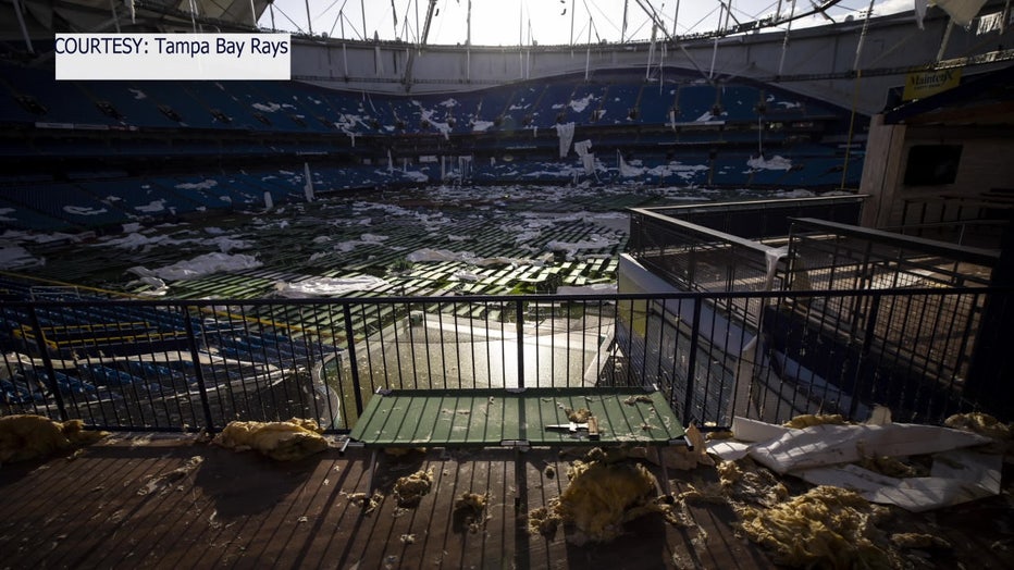 Destruction inside Tropicana Field after Hurricane Milton. (Courtesy: Tampa Bay Rays)