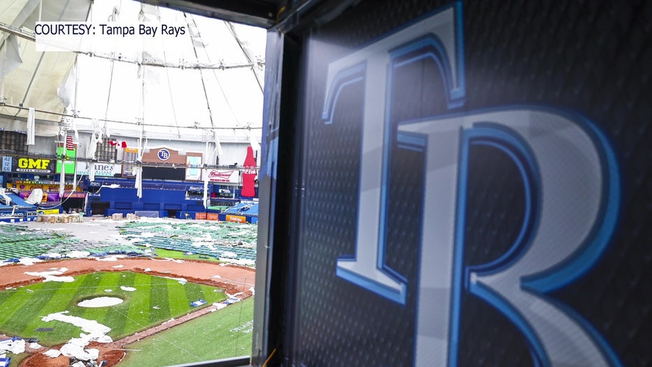 A glimpse of the destruction Hurricane Milton left inside of Tropicana Field after the storm.