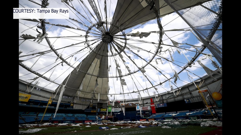 View of Tropicana Field's roof after it was blown off by Hurricane Milton.