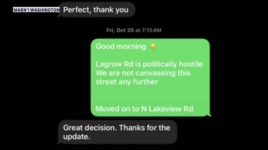 Texts from FEMA Supervisor Marn’I Washington saying the area she was canvassing was "politically hostile."