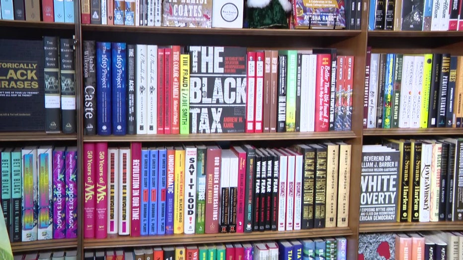 Some of the books available on the shelves of Black English Bookstore in Tampa Heights.