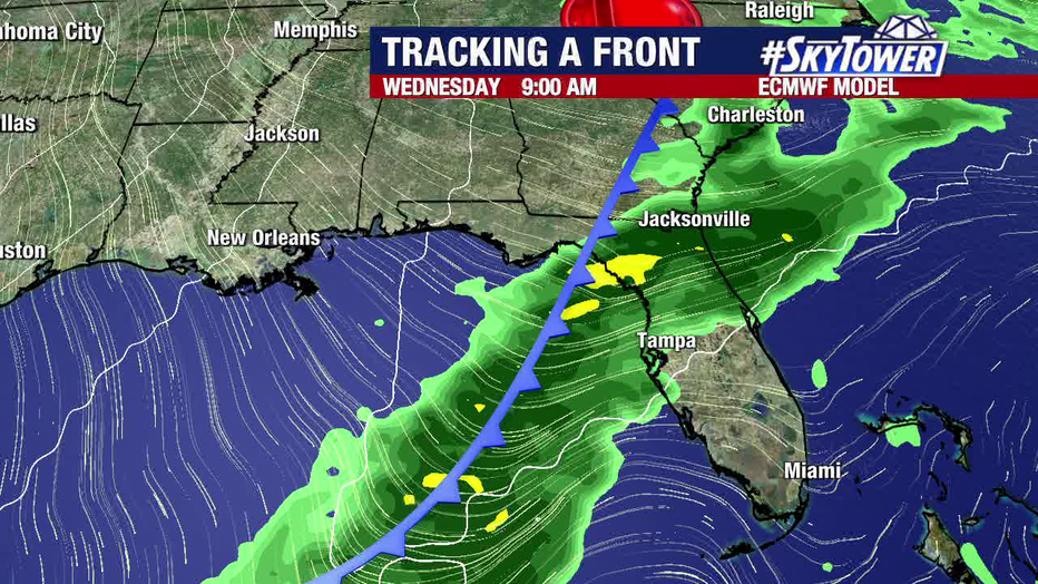 Forecasters say the remnants of Sara will move through Florida on Wednesday, bringing rain ahead of another cold front.