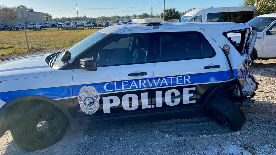 This photo from the Clearwater Police Department shows the cruiser damaged in a crash that investigators say was caused by a driver under the influence of drugs and alcohol. (Courtesy: CPD.)