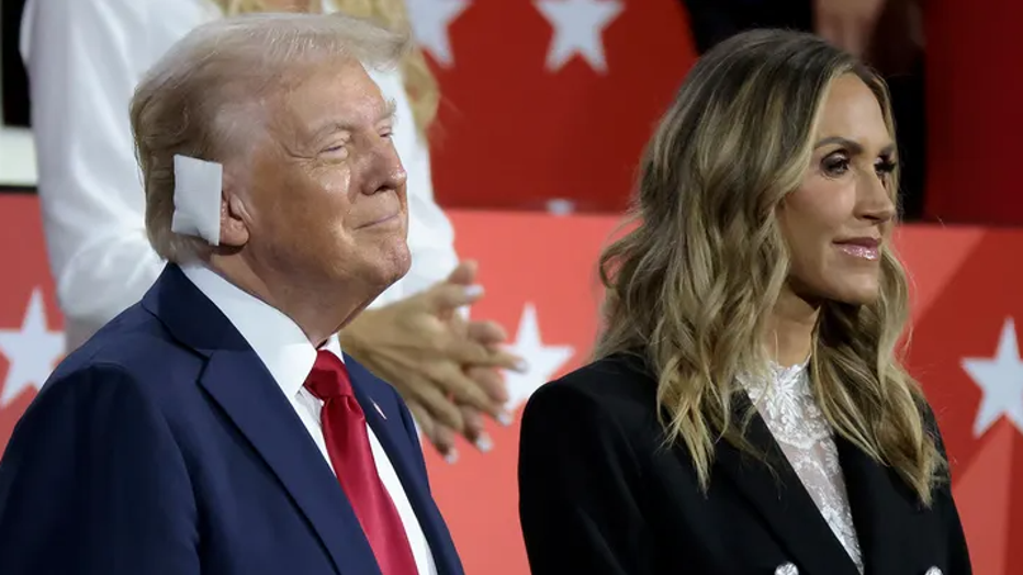 Republican presidential candidate, former U.S. President Donald Trump and Republican National Committee co-chair Lara Trump look on during the fourth day of the Republican National Convention at the Fiserv Forum on July 18, 2024, in Milwaukee, Wisc. (Scott Olson/Getty Images)