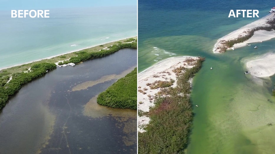 This side-by-side comparison shows Midnight Pass before and after Hurricanes Helene and Milton reopened the pass.