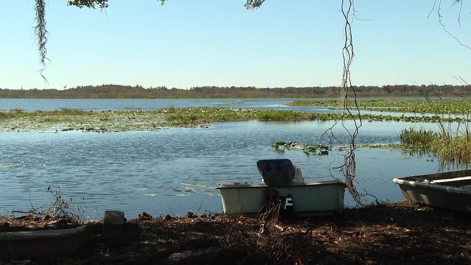 Lake Bonny with receded water levels months after Hurricane Milton.