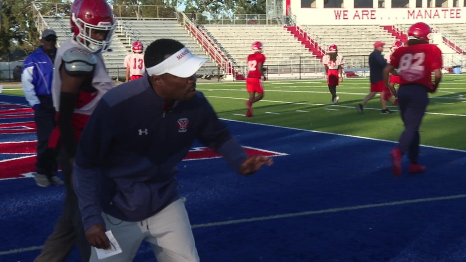 Jacquez Green coaching during a Manatee High Schooll football team practice.