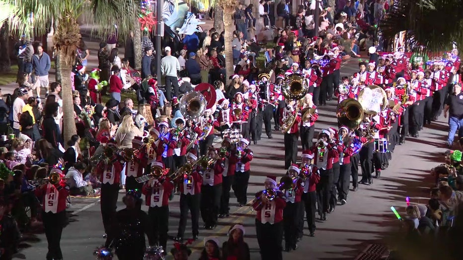 Marching band playing holiday music during Lakeland's annual Christmas parade.