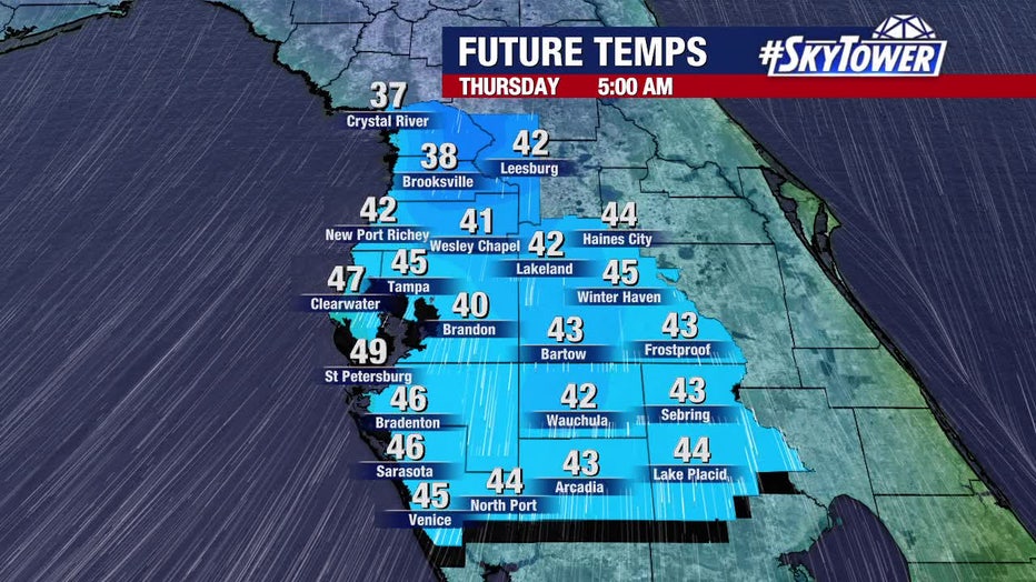 A cold front will drop temperatures across the Bay Area to 30 to 40 degrees Thursday morning.