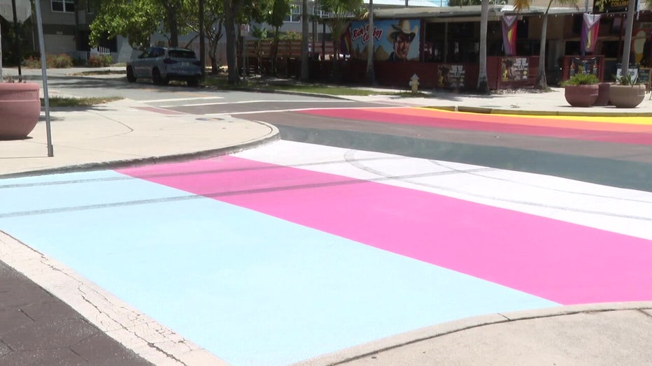 A painted cross walk to show support for LGBTQ+ community in Downtown St. Pete.