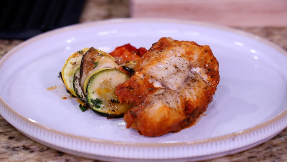 Recipe: Marinara Poached Fish with Ratatouille