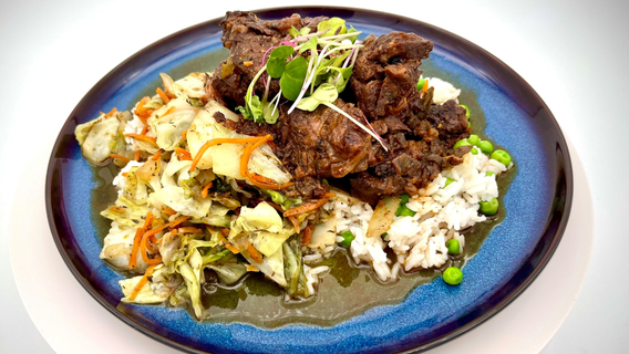 Dinner DeeAs recipe: Short Ribs, Rice with Peas, Sautéed Cabbage