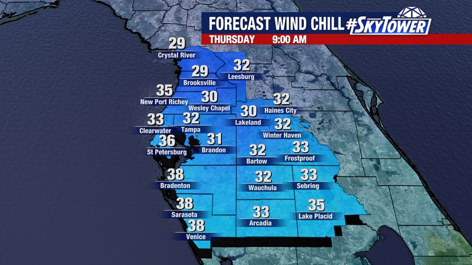 The wind chill could fall into the 20s in some areas on Thursday morning.