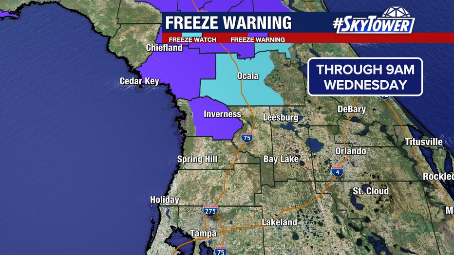 A Freeze Warning will be in place for inland portions of Citrus County on Wednesday morning.