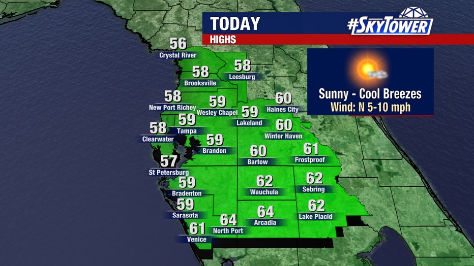 Highs will once again struggle to reach 60 degrees in some areas on Wednesday.