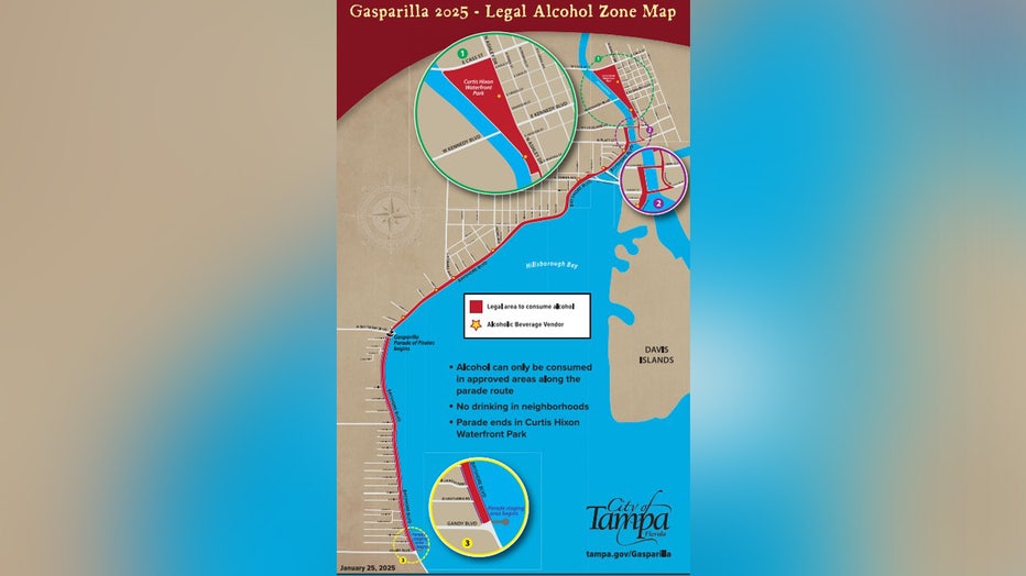 Alcohol is permitted inside approved "wet zones" during Gasparilla 2025. Map is courtesy of the city of Tampa.