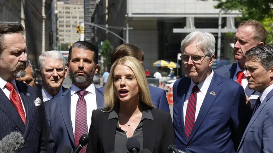 Former Florida Attorney General Pam Bondi speaks during a press conference outside former President Donald Trump's hush money trial in New York City. (Photo by Michael M. Santiago/Getty Imagesetty)