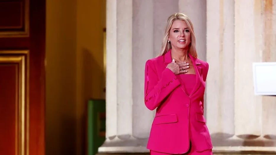 Pam Bondi, former Florida attorney general, arrives to speak during the Republican National Convention at the Andrew W. Mellon Auditorium in Washington, D.C., on Tuesday, Aug. 25, 2020. (Chip Somodevilla/Getty Images/Bloomberg via Getty Images)