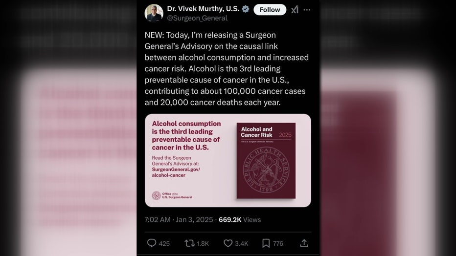 Tweet from U.S. Surgeon General Vivek Murthy calling on Congress to include a cancer risk warning in the warning labels on alcohol.