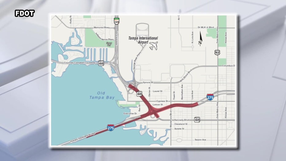 Map view of where the expected changes of the Westshore Interchange will take place.