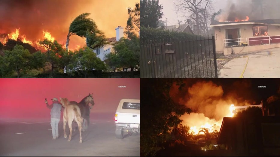 A grid of photos showing the wildfires in California.